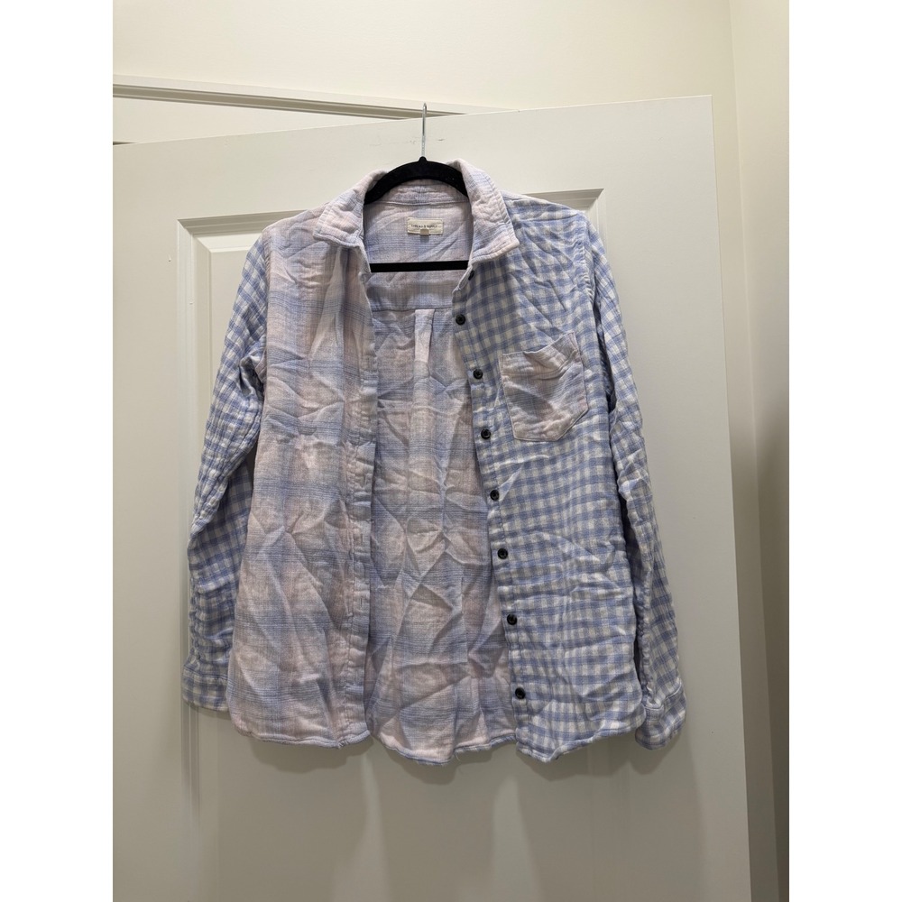 Thread & Supply Women Purple Blue White Gingham Plaid Button Down Shirt Small
